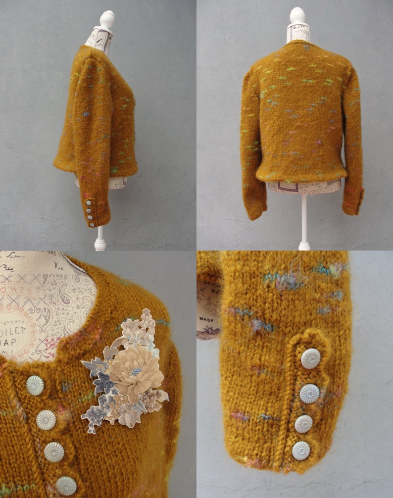 Mori Girl Cardigan, Romantic Mustard Knitted Jacket with Floral Brooch, Plus Size Clothing US size 12 / 14 EU size 42 / 44 image 6