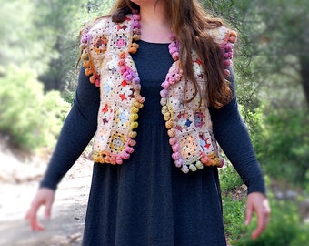 Candy Colored Boho Vest, Crochet Pompon Vest, Luxurious Accessory