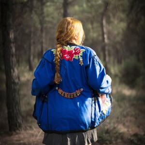 Cobalt Blue Wool Vintage Coat Jacket Embellished with Embroidery size large
