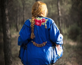 Cobalt Blue Wool Vintage Coat Jacket Embellished with Embroidery size large