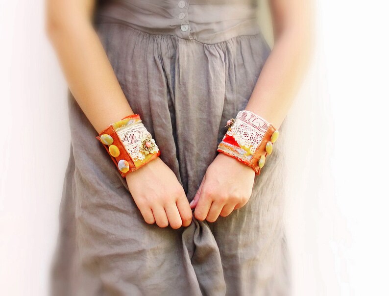 Wrist Cuffs with Antique Lace Leather Vintage Velvet Coral image 1