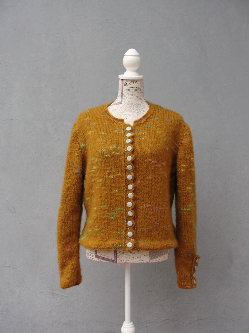 Mori Girl Cardigan, Romantic Mustard Knitted Jacket with Floral Brooch, Plus Size Clothing US size 12 / 14 EU size 42 / 44 image 3
