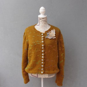 Mori Girl Cardigan, Romantic Mustard Knitted Jacket with Floral Brooch, Plus Size Clothing US size 12 / 14 EU size 42 / 44 image 4
