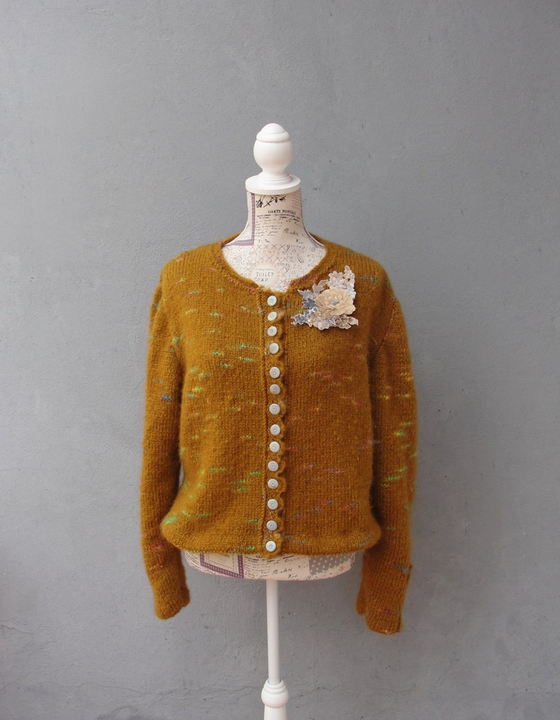 Mori Girl Cardigan, Romantic Mustard Knitted Jacket with Floral Brooch, Plus Size Clothing US size 12 / 14 EU size 42 / 44 image 4