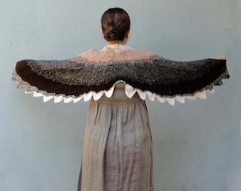 Knitted Bird Wing Scarf: Ombre Feather Wrap with Vintage Pin