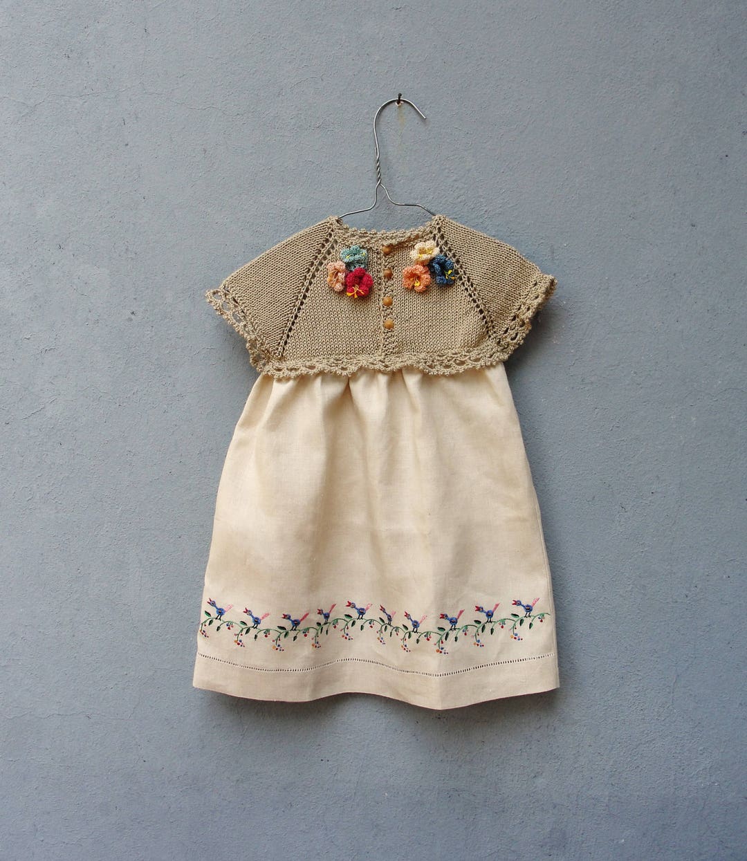 Linen Baby Girl Dress, Baby Child Linen Dress Size T1 Vintage Hand