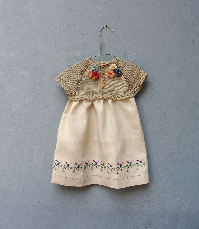 Linen Baby Girl Dress, Baby Child Linen Dress Size T1 Vintage Hand
