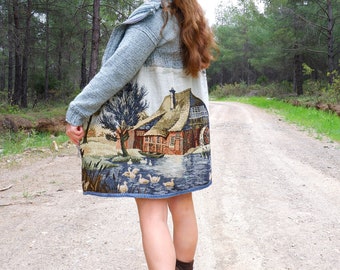 Woodland Mori Girl Jacket, Fairy tale Cottage, Plus Size Clothing Vintage Gobelin Tapestry Fabric Clothing US size 10 / 12 EU size 40 / 42