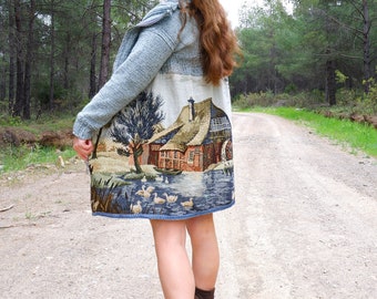 Vintage Tapestry Jacket: Hand-Knitted, Cottage Landscape, Plus Size