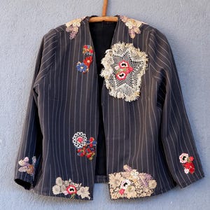Embellished Black Blazer Revamped Vintage Jacket Embellished with Lace and Embroidery size medium