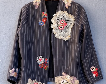 Embellished Black Blazer Revamped Vintage Jacket Embellished with Lace and Embroidery size medium