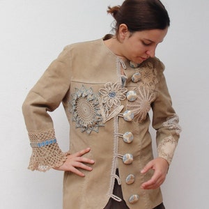 Bohemian Leather Doily Jacket, Embellished, Tattered, Crochet, Vintage Treasures, Antique Lace, Stitched, Pastel color blend image 5