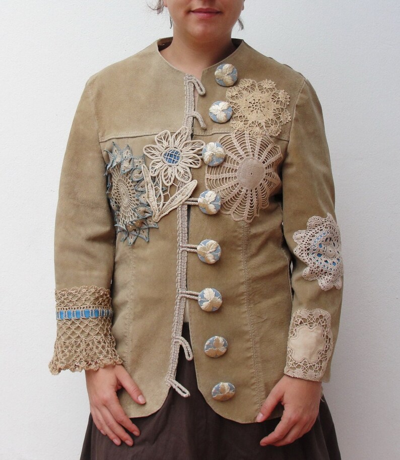 Doiley Jacket Bohemian Leather Doily Jacket: Embellished Vintage Lace, Size Small - Etsy