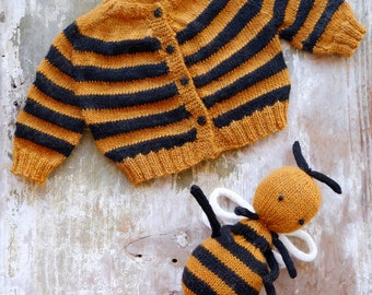 Newborn Cardigan and Plush Set, Bumble Bee, Baby Child Gift Set, Photo Clothing, Merino Wool, Striped Knitwear