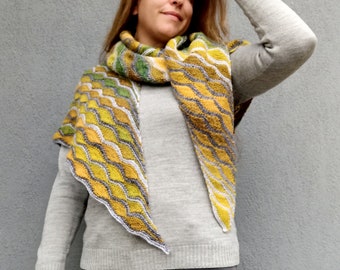 Wavey Mustard Green Gray Scarf, Triangle wrap Scarf, Knitted Textured Scarf, Stripe Textures Cowl, Wool, Rainbow Colors