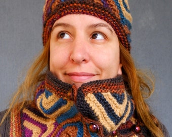 Cozy Wool Knit Hat and Cowl Set Luxurious Accessory Purple, Blue, Beige and Brown Geometric pattern