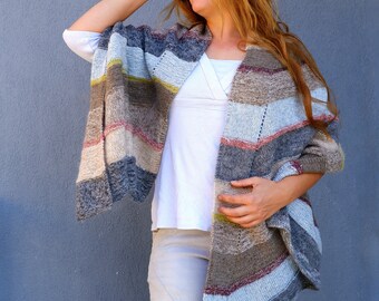 Extra Large Knitted Colorblock Scarf, Chevron Stripes, Merino Mohair Wool, Pastel Rainbow