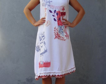 Soul Cloth Dress Hand Stitches Vintage Embroidery Linen Birds and Flowers size 10/12 EU size 40/42