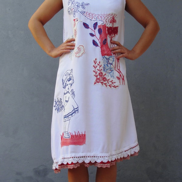 Handgenähtes Leinenkleid: Vintage Stickerei, Vögel & Blumen (Größe 10/12)