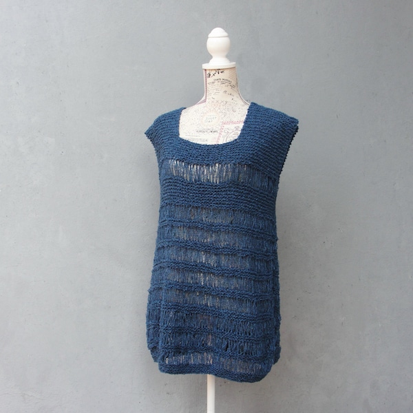 Knitted Blue Tunic Tank Top, Bohemian Top Size Large US size 12 EU size 42