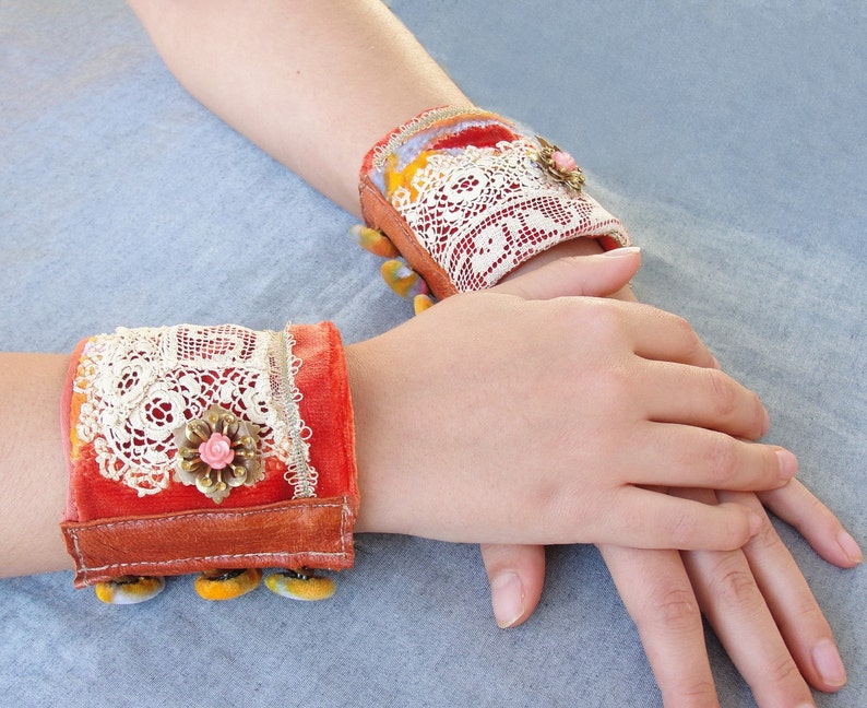 Wrist Cuffs with Antique Lace Leather Vintage Velvet Coral image 2