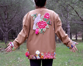 Embroidered Jacket Revamped Vintage Jacket Embellished with Embroidery size Large