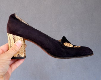 Schwarze Leder Heels mit Schlangenleder Details, 1940er Italienische Lederschuhe, Mae in Italy