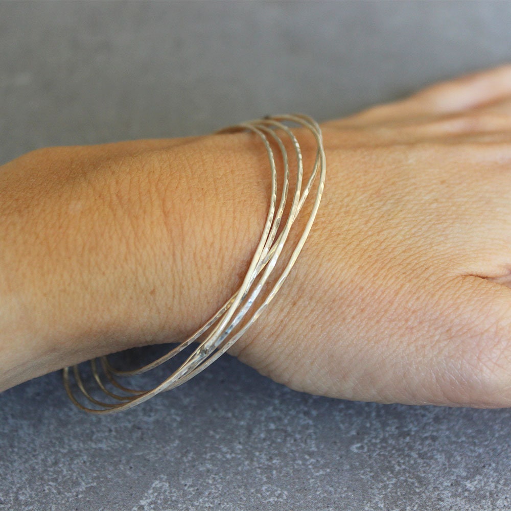 Hammered Sterling Silver Bangles Thin Silver Bangles Dainty Etsy