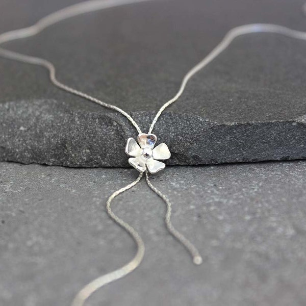 Silver Y necklace, Lariat necklace, dainty flower necklace sterling silver lariat necklace.