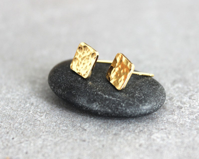 Gold Square Earrings Small Gold Stud Earrings Gold Hammered Etsy