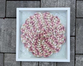 Crocheted Flower Shadow Box Wall Art | 3D Textured Mandala Framed Decor, Dusty Pink Nursery
