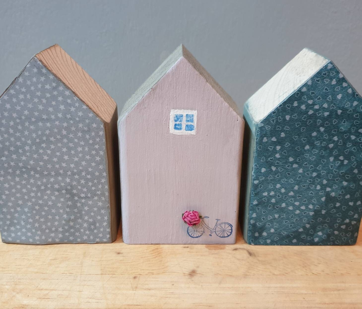 Little wooden houses. Set of 3. Painted wood house. Etsy