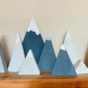 Wooden mountains. Mountain range. Snow capped mountain peaks. Skiing gift. Set of 9.