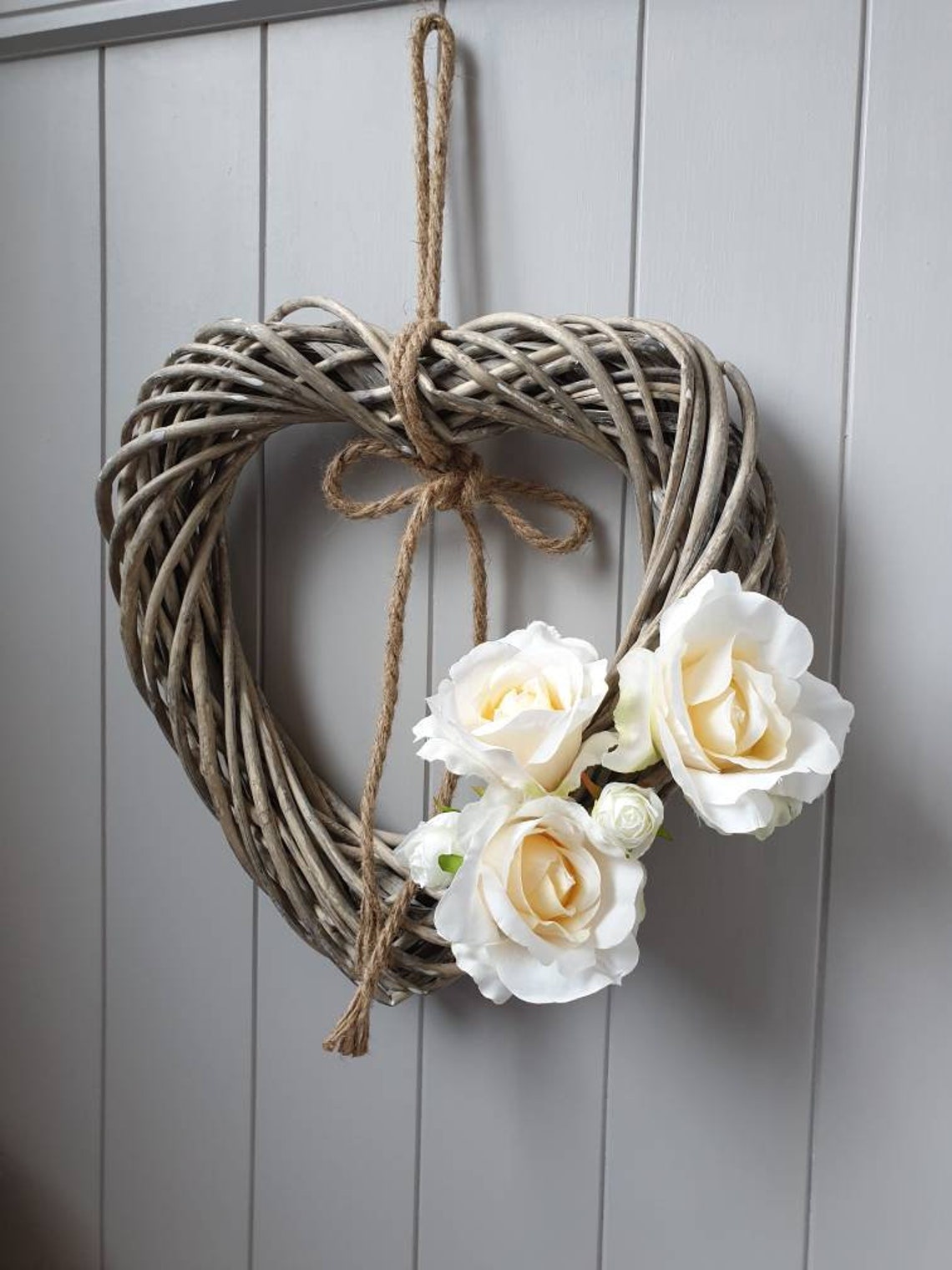 Rattan Wicker Heart Wreath. Farmhouse Style With Roses. 30cm. Etsy