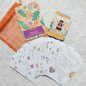 May include: A set of affirmation cards with colorful illustrations and handwritten text. The cards feature floral and insect designs, with phrases like "Bee kinder to the planet." The set includes a sheer orange drawstring bag.