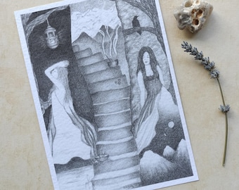 May include: A pencil drawing depicts two women in a mystical setting. One woman is in a white gown, the other in a dark dress, near a staircase. A raven sits on a tree branch. A lantern hangs in the dark. A sprig of lavender and a rock are in the background.