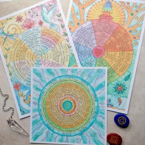 May include: Three illustrated charts featuring circular diagrams with text, colours, and symbols related to energy centres and frequencies. A clear crystal pendulum on a silver chain and two small polished stones with engraved symbols are included.