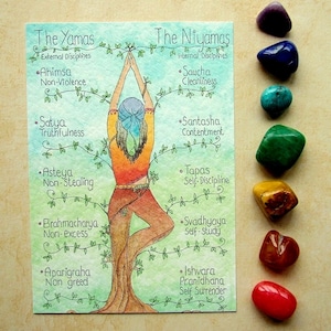 May include: An illustration of a woman in a yoga pose, with a tree growing through her body. The tree is labeled with the "Yamas" and "Niyamas", which are the ethical guidelines of yoga. The Yamas are external disciplines, and the Niyamas are internal disciplines. The illustration is surrounded by eight colorful stones.