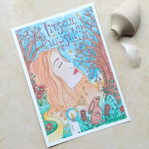May include: A watercolour painting of a woman with long flowing hair, eyes closed, and a peaceful expression. The background features a blue sky with stars, a forest, and a small house. The text "I rescue myself" is written in a whimsical font.