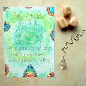 May include: Reiki Principles card with watercolor background and colorful floral designs. The card features the text "Reiki Principles" and the five Reiki principles: "Just for today, I will let go of anger, I will let go of worry, I will be grateful for my blessings, I will do my work honestly, I will be kind to every living thing."