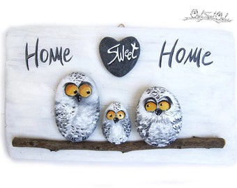 Cute Owls Illustration Handmade 'Home Sweet Home' Snowy Owls Family Painting | 3-D Artwork _ Cartoon Owls- Funny Owls- Owls Illustration