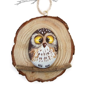 Unique Painted Rock Owl on a Wooden Trunk Section | Original Gift Idea by Owl Sweet Owl