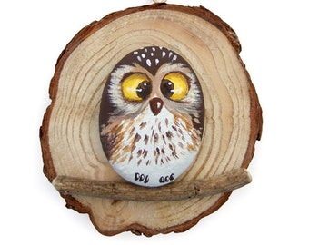 Unique Painted Rock Owl on a Wooden Trunk Section | Original Gift Idea by Owl Sweet Owl