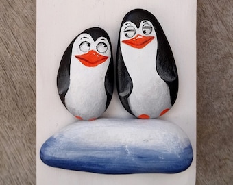 Funny Penguins in Love in a Unique Handmade 'Home Sweet Home' Painting | Cartoon penguins- Cute penguins- 3-D Artwork- Animal Illustration