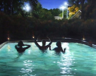 Night Swimmers - Pool at Night Painting / Fine Art di Roberto Rizzo / Arte originale 100% dipinta a mano