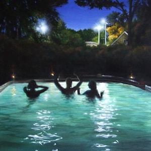 Night Swimmers Pool at Night Painting / Fine Art di Roberto Rizzo / Arte originale 100% dipinta a mano immagine 1