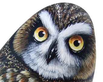 A Short-Eared Owl Hand Painted On a Sea Rockl! A Stunning Piece for All of You, Owl Lovers! Unique Painted Stones Owls by Roberto Rizzo