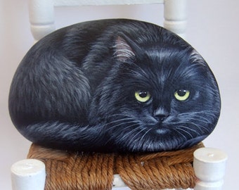 Irresistible Black Cat Painted on A Sea Stone | Rock Art by Roberto Rizzo | Hand Painted Pets Cat Items Fine Art