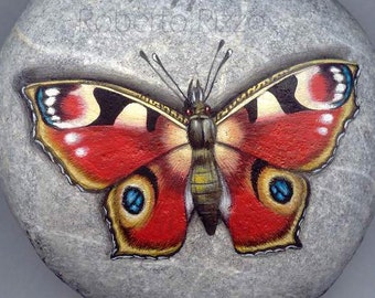 Painted Rock with a Peacock Butterfly | Original Red Butterfly Resting on A Rock Handpainted by Roberto Rizzo | Rock Art Painting