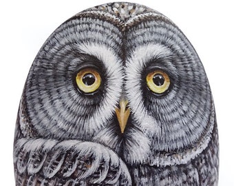 Original Hand Painted Great Grey Owl Rock | Owl Painted Stone Bird Art Painted Pebbles by Roberto Rizzo